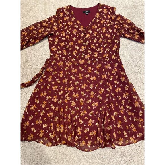 MSK Fit and Flare Dress Womens L Ruby Wine Sheer Micro Floral Fairy Whimsical - Picture 7 of 15